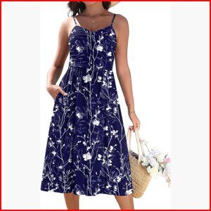 Summer Midi Sundress Adjustable Straps Ruched V-Neck Pockets Flowy